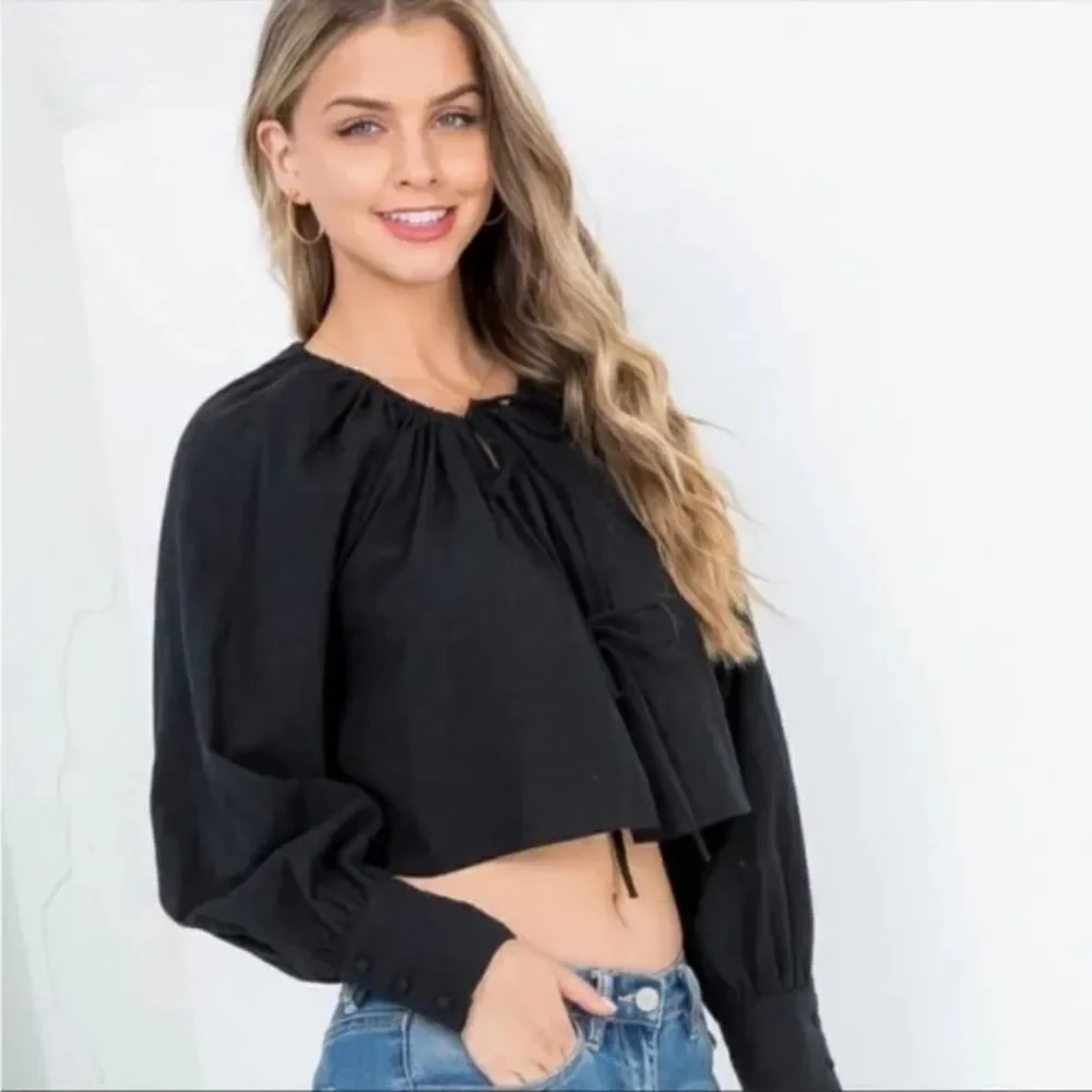 Black Tie Neckline Cuffed Long Sleeve Cropped Top